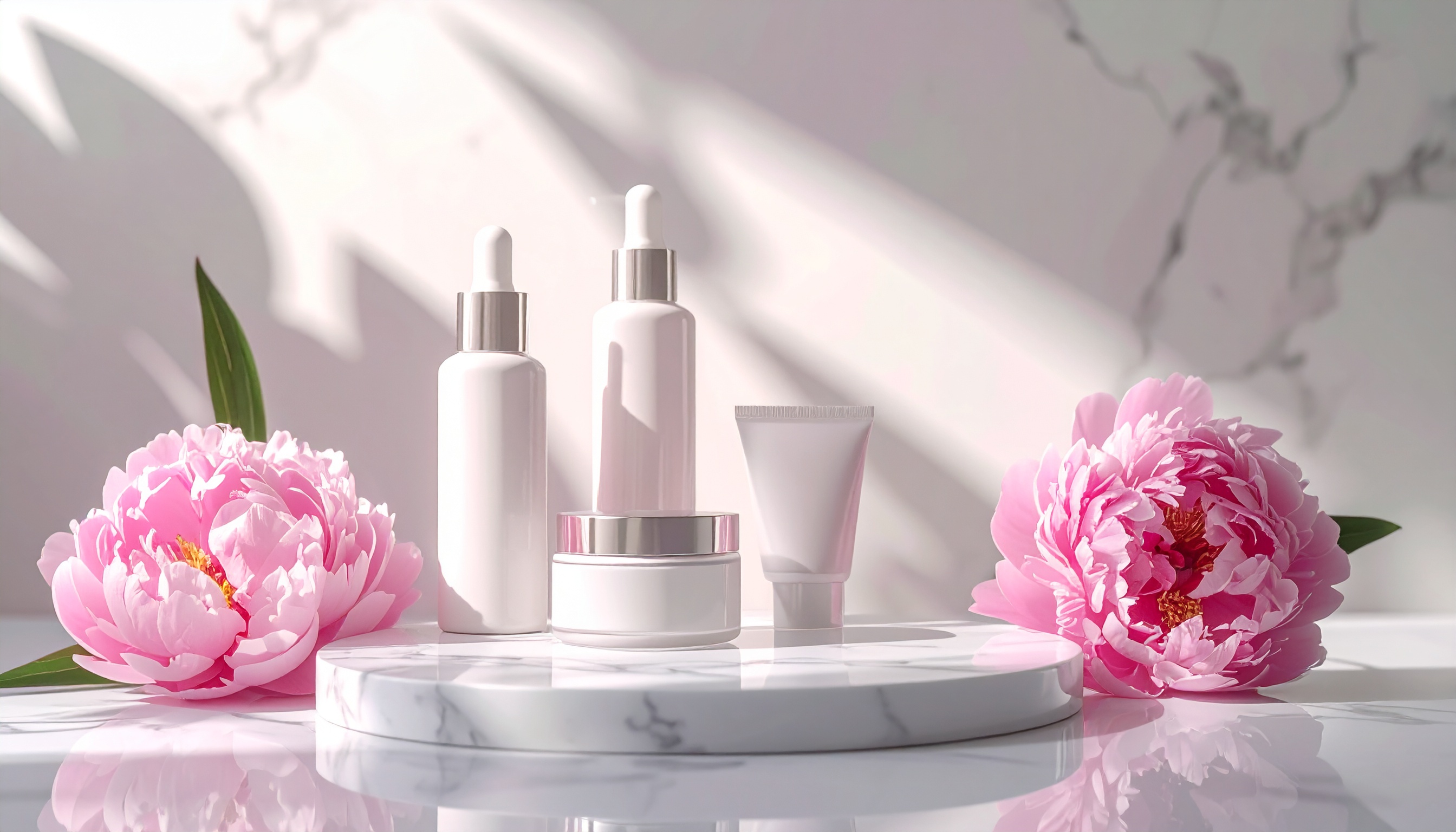 Produtos de skincare minimalistas em embalagens brancas, cercados por flores de peônia rosa sobre base de mármore, evocando elegância e frescor em ambiente iluminado.